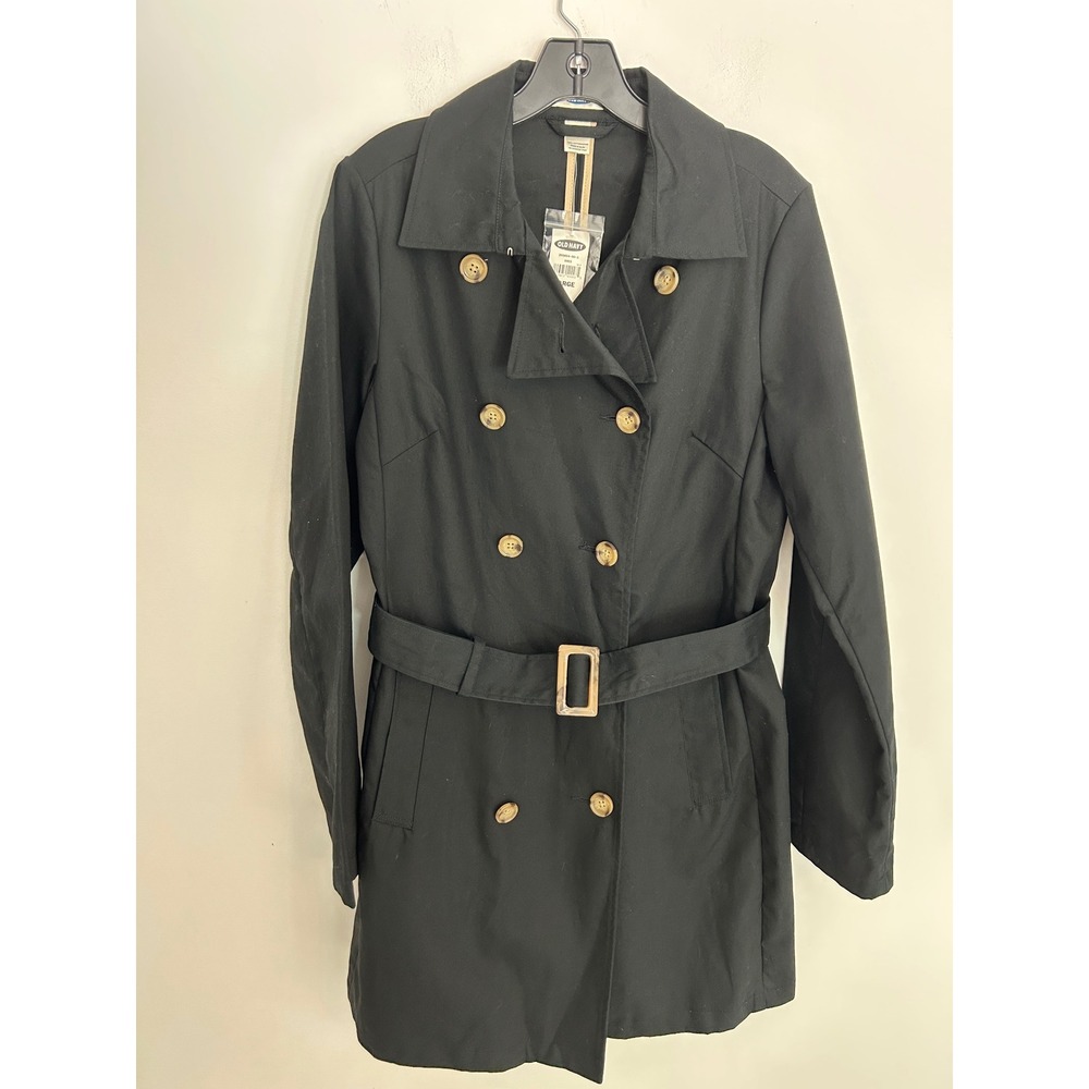 Old Navy NWT Women's Black Cotton Double Breasted Belted Military Trench Coat‎ L